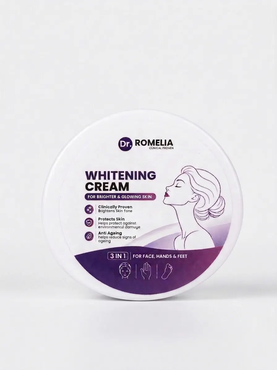 A round white plastic jar of Dr. Romelia Whitening Cream with a purple and white label, set against a plain light gray background.